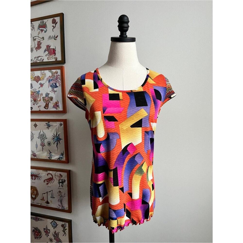 Vintage Y2K Mesh Top | Anac Geometric Print Lettuce Hem Tee | Indie Sleaze | S/M